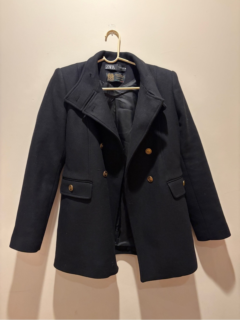 Zara Black Double-Breasted Pea Coat with Gold Buttons